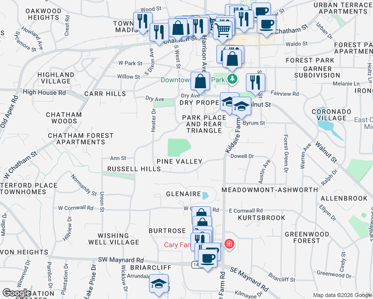 map of restaurants, bars, coffee shops, grocery stores, and more near 605 Page Street in Cary