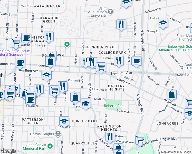 map of restaurants, bars, coffee shops, grocery stores, and more near 1210 New Bern Avenue in Raleigh