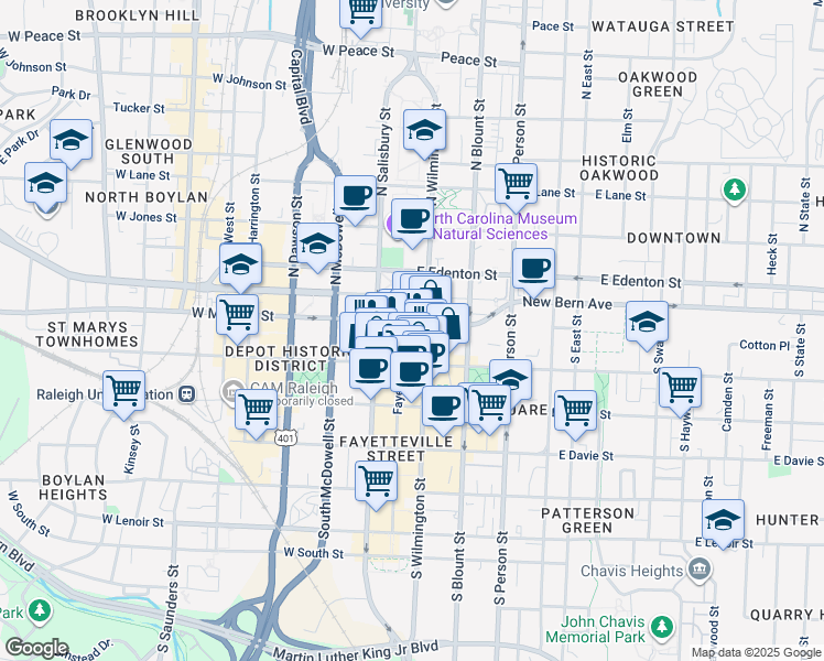 map of restaurants, bars, coffee shops, grocery stores, and more near Fayetteville Street in Raleigh