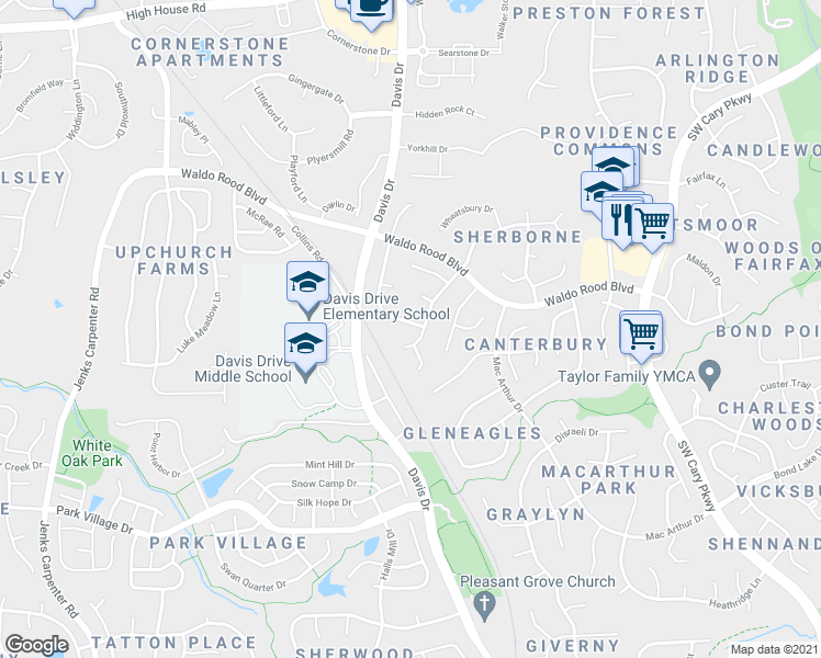 map of restaurants, bars, coffee shops, grocery stores, and more near 103 Swordgate Drive in Cary