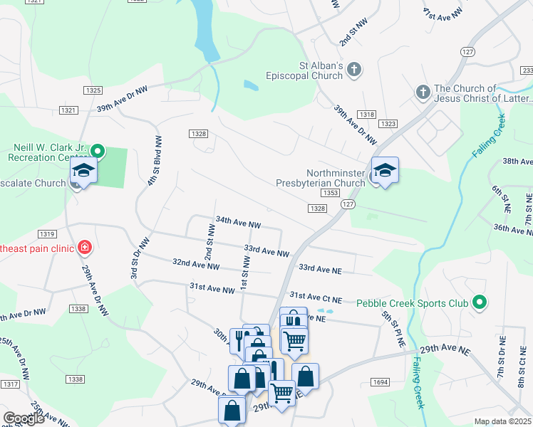 map of restaurants, bars, coffee shops, grocery stores, and more near 75 35th Avenue Northwest in Hickory
