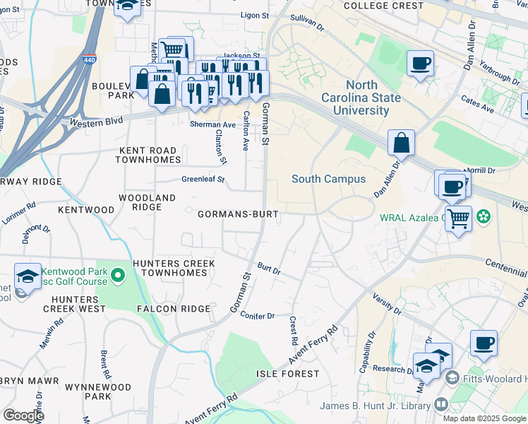map of restaurants, bars, coffee shops, grocery stores, and more near Gorman St & Marcom St in Raleigh