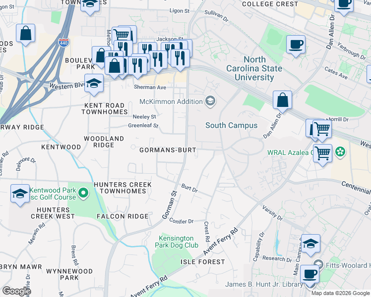 map of restaurants, bars, coffee shops, grocery stores, and more near 3615 Marcom Street in Raleigh