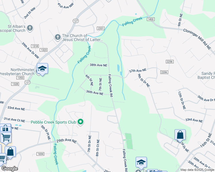 map of restaurants, bars, coffee shops, grocery stores, and more near 3639 Falling Creek Rd in Hickory