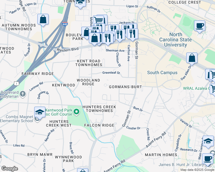 map of restaurants, bars, coffee shops, grocery stores, and more near 3945 Marcom Street in Raleigh
