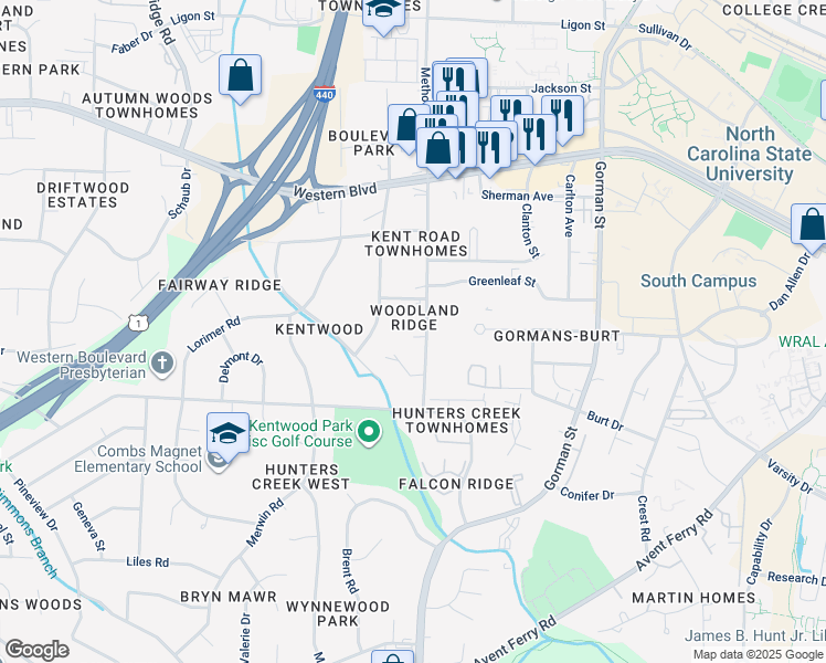 map of restaurants, bars, coffee shops, grocery stores, and more near 1314 Kent Road in Raleigh