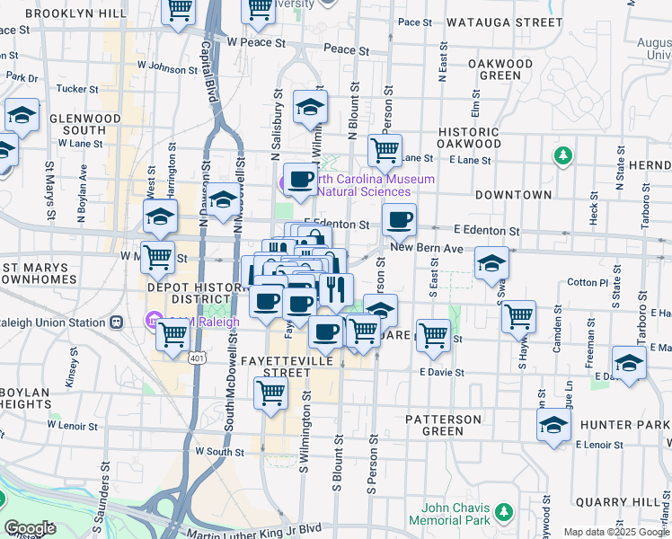 map of restaurants, bars, coffee shops, grocery stores, and more near in Raleigh