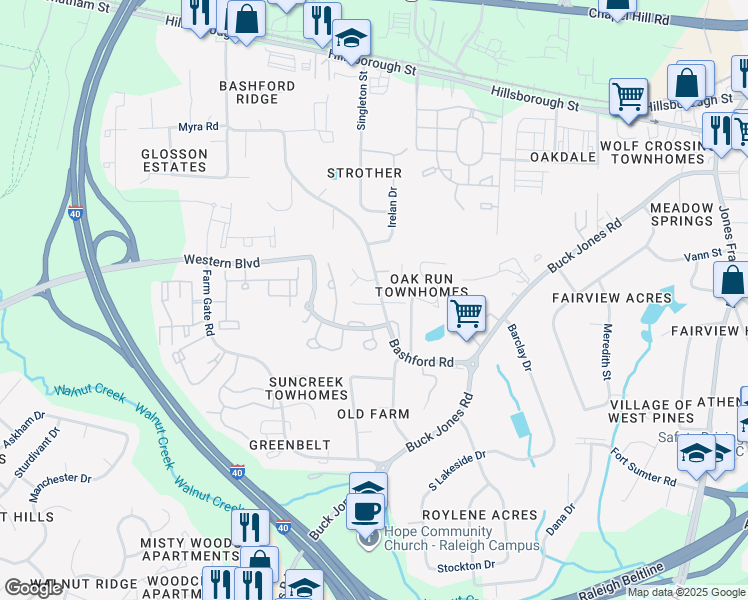 map of restaurants, bars, coffee shops, grocery stores, and more near 5700 Bashford Crest Lane in Raleigh