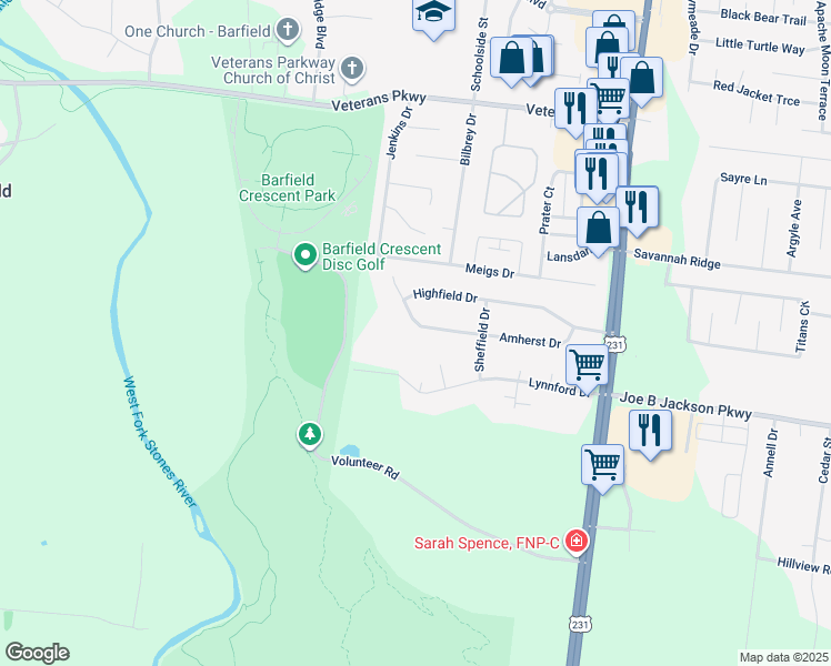 map of restaurants, bars, coffee shops, grocery stores, and more near 401 Amherst Drive in Murfreesboro