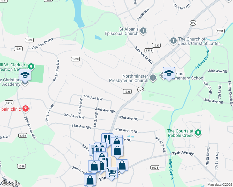 map of restaurants, bars, coffee shops, grocery stores, and more near 45 36th Avenue Northwest in Hickory
