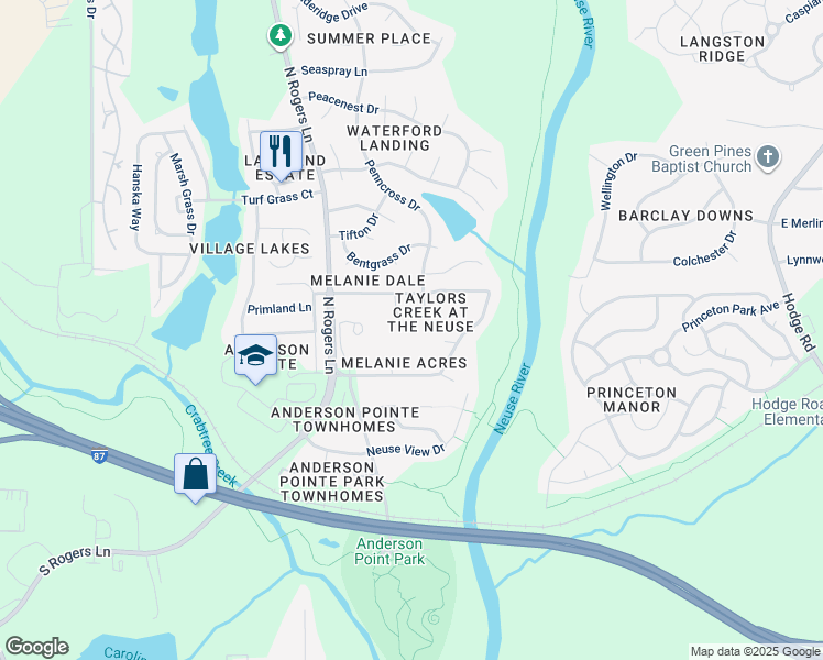 map of restaurants, bars, coffee shops, grocery stores, and more near 125 Rosalynn Court in Raleigh