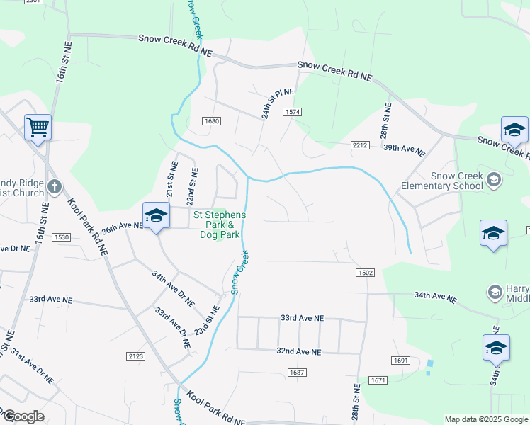 map of restaurants, bars, coffee shops, grocery stores, and more near 2423 36th Avenue Northeast in Hickory