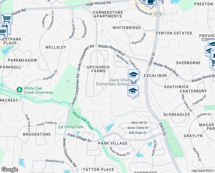 map of restaurants, bars, coffee shops, grocery stores, and more near 350 Luke Meadow Lane in Cary