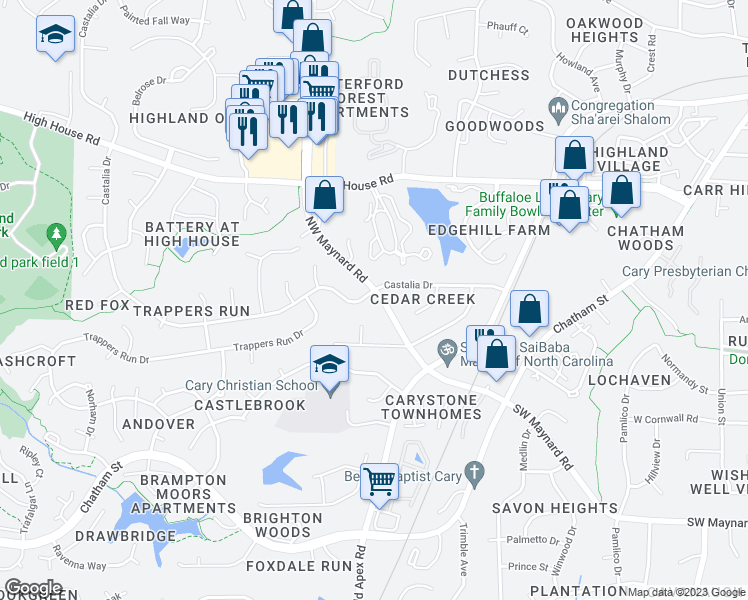 map of restaurants, bars, coffee shops, grocery stores, and more near 813 Northwest Maynard Road in Cary