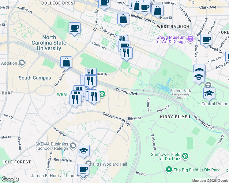 map of restaurants, bars, coffee shops, grocery stores, and more near 618 Crusader Drive in Raleigh