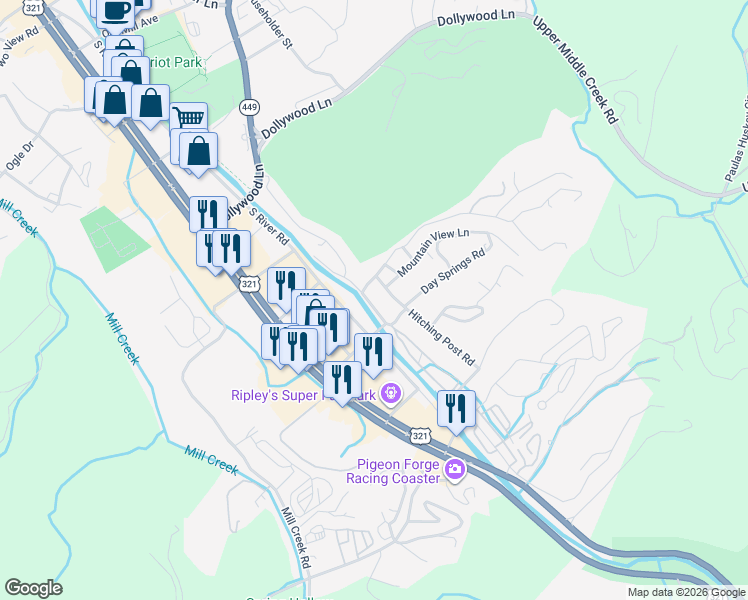 map of restaurants, bars, coffee shops, grocery stores, and more near 426 McMahan Road in Pigeon Forge