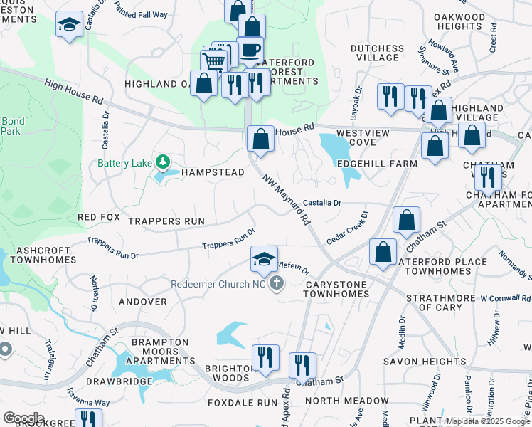 map of restaurants, bars, coffee shops, grocery stores, and more near 1009 Castalia Drive in Cary