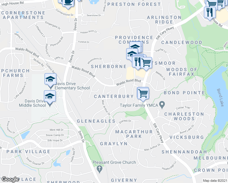 map of restaurants, bars, coffee shops, grocery stores, and more near 114 Covewood Court in Cary