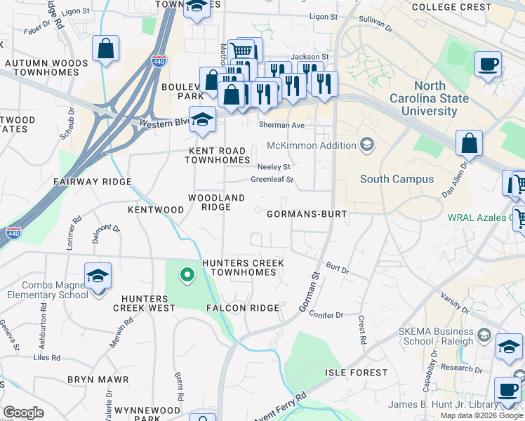 map of restaurants, bars, coffee shops, grocery stores, and more near 3954 Marcom Street in Raleigh