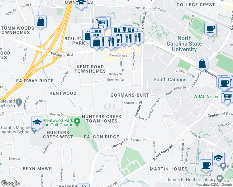 map of restaurants, bars, coffee shops, grocery stores, and more near 3925 Marcom Street in Raleigh