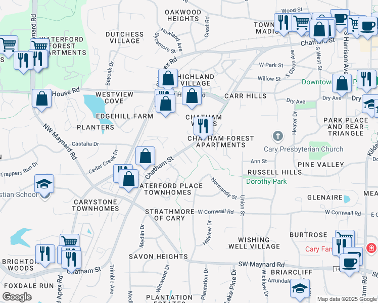 map of restaurants, bars, coffee shops, grocery stores, and more near 907 West Chatham Street in Cary