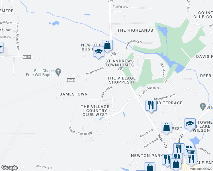 map of restaurants, bars, coffee shops, grocery stores, and more near 4608B Rochester Court Northwest in Wilson