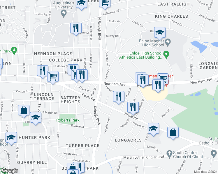map of restaurants, bars, coffee shops, grocery stores, and more near 1904 New Bern Avenue in Raleigh
