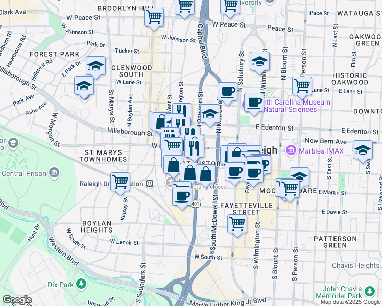 map of restaurants, bars, coffee shops, grocery stores, and more near 100 South Dawson Street in Raleigh
