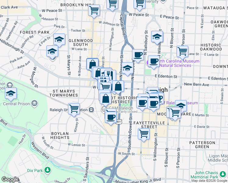 map of restaurants, bars, coffee shops, grocery stores, and more near 327 West Morgan Street in Raleigh