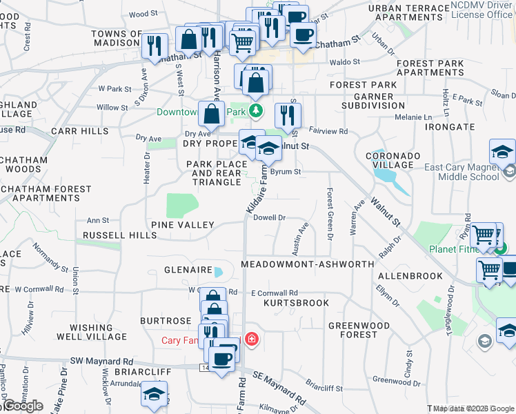 map of restaurants, bars, coffee shops, grocery stores, and more near 600 Kildaire Farm Road in Cary