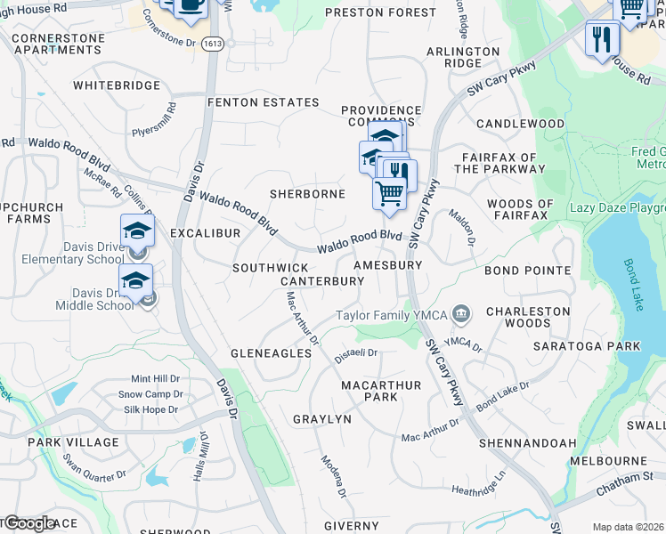 map of restaurants, bars, coffee shops, grocery stores, and more near 112 Riva Trace Drive in Cary