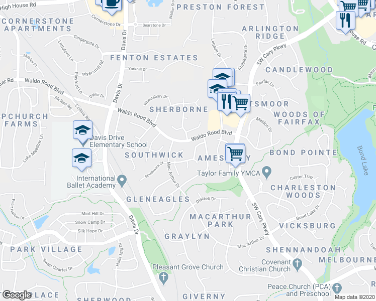 map of restaurants, bars, coffee shops, grocery stores, and more near 112 Riva Trace Drive in Cary