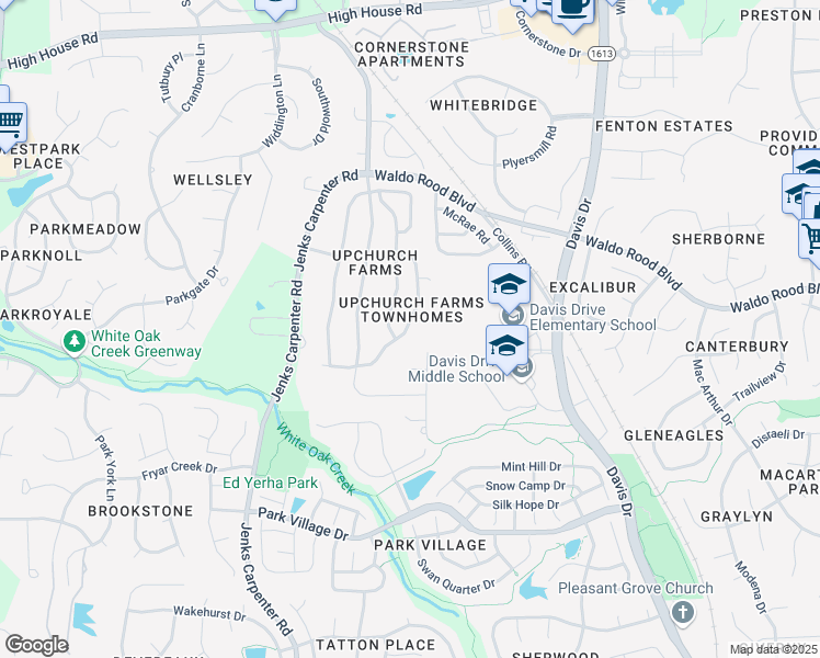 map of restaurants, bars, coffee shops, grocery stores, and more near 350 Luke Meadow Lane in Cary