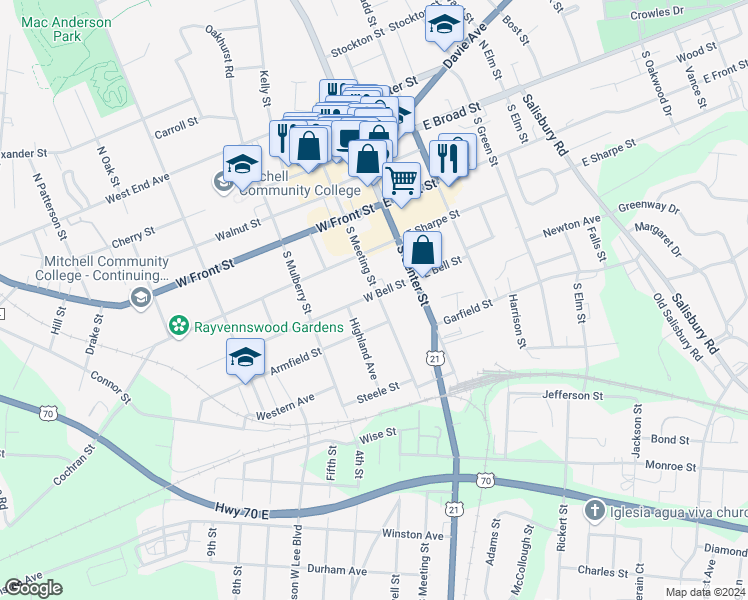 map of restaurants, bars, coffee shops, grocery stores, and more near 502 South Meeting Street in Statesville