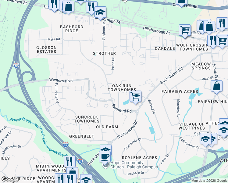 map of restaurants, bars, coffee shops, grocery stores, and more near 525 Caprice Court in Raleigh