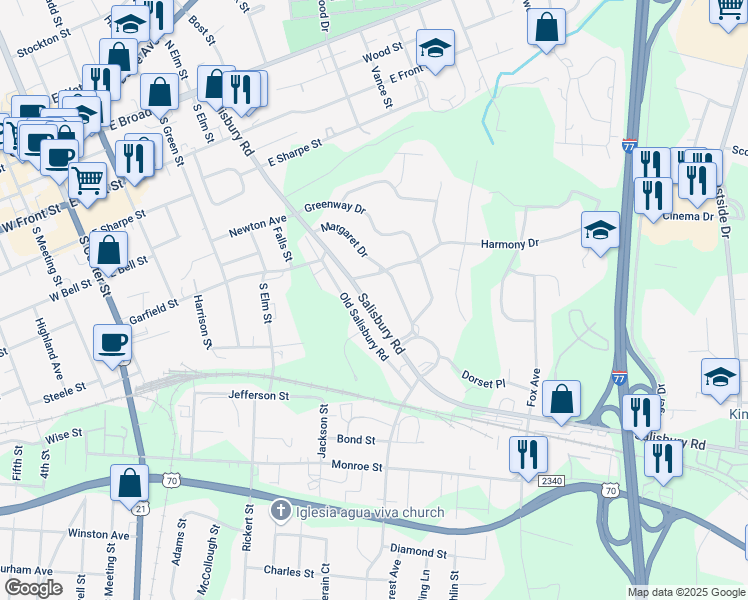 map of restaurants, bars, coffee shops, grocery stores, and more near 623 Salisbury Road in Statesville