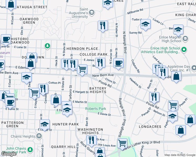 map of restaurants, bars, coffee shops, grocery stores, and more near 1317 Poole Road in Raleigh