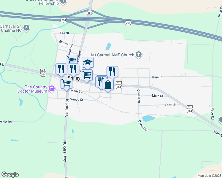 map of restaurants, bars, coffee shops, grocery stores, and more near Nash Street in Bailey