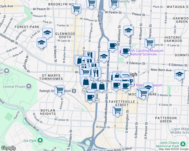 map of restaurants, bars, coffee shops, grocery stores, and more near 101 South Dawson Street in Raleigh