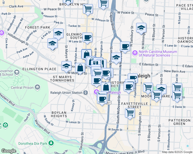 map of restaurants, bars, coffee shops, grocery stores, and more near 327 West Morgan Street in Raleigh