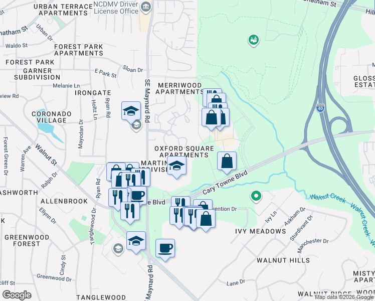 map of restaurants, bars, coffee shops, grocery stores, and more near in Cary