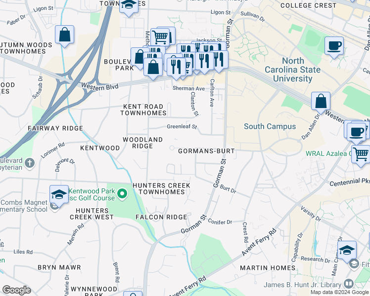 map of restaurants, bars, coffee shops, grocery stores, and more near 3930 Marcom Street in Raleigh