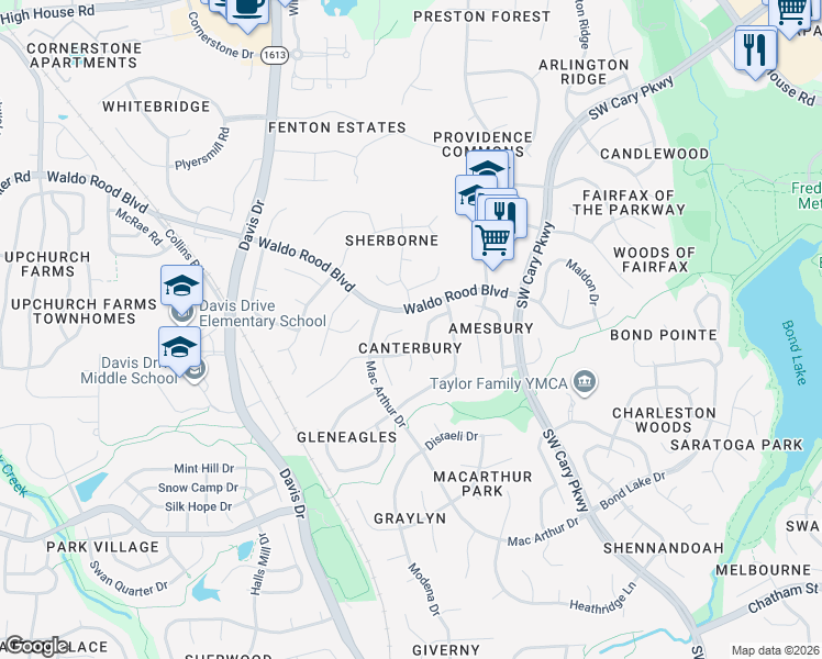 map of restaurants, bars, coffee shops, grocery stores, and more near 112 Riva Trace Drive in Cary