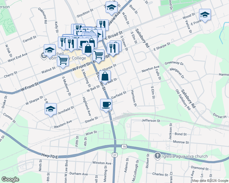 map of restaurants, bars, coffee shops, grocery stores, and more near 115 Wagner Street in Statesville