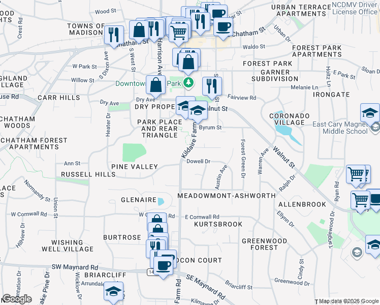 map of restaurants, bars, coffee shops, grocery stores, and more near 600 Kildaire Farm Road in Cary