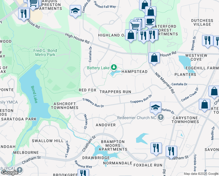 map of restaurants, bars, coffee shops, grocery stores, and more near 105 North Jaguar Court in Cary