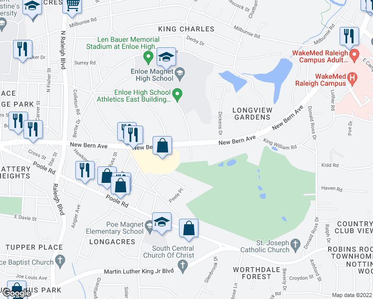 map of restaurants, bars, coffee shops, grocery stores, and more near 101 Farris Court in Raleigh