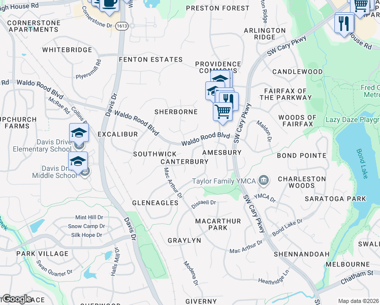 map of restaurants, bars, coffee shops, grocery stores, and more near 112 Riva Trace Drive in Cary