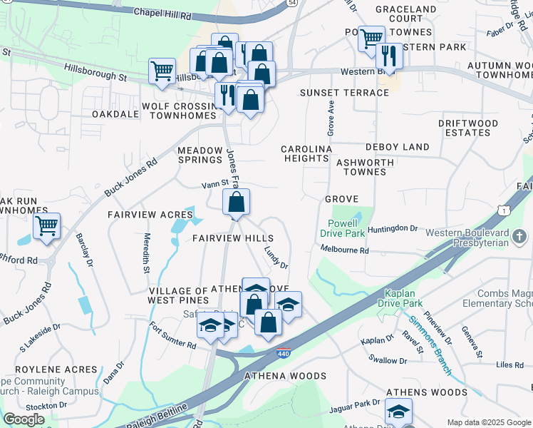 map of restaurants, bars, coffee shops, grocery stores, and more near 5152 Simmons Branch Trail in Raleigh