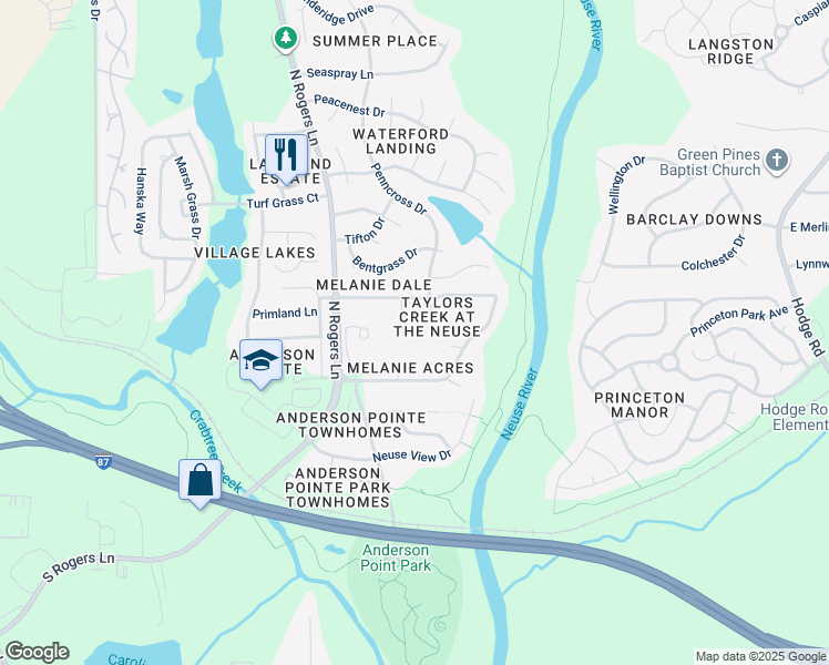 map of restaurants, bars, coffee shops, grocery stores, and more near 125 Rosalynn Court in Raleigh